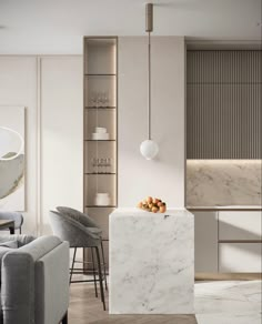 a living room filled with furniture and a marble counter top in front of a bar