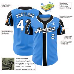 Custom Electric Blue White-Black 3 Colors Arm Shapes Authentic Baseball Jersey Logo Wear, Baseball Jersey Men, St. Patricks Day, Uniform Shirts, Alpha Kappa Alpha, Blue White And Black, White Jersey, Number 3, Baseball Shirts