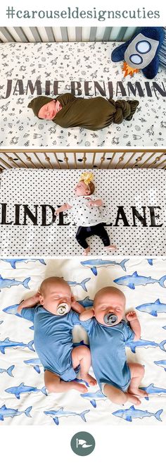 two babies laying on top of a bed next to an image of the same baby