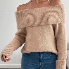 Bought This Off Of Shein But It Is Too Big For Me. Never Worn. Still In Original Bag. It Was Past The Return Window So I Am Hoping To Sell It Here! Off Shoulder Jumper, Shein Sweater, Friends List, Cabin Christmas, Tan Sweater, Vanilla Girl, Chic Sweaters, Off Shoulder Sweater, Women Sweaters