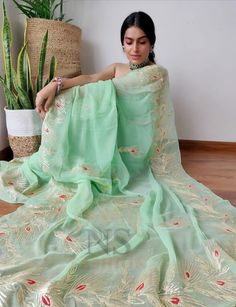 Eid Georgette Pre-draped Saree With Gota Work, Pista Green Pre-draped Saree With Gota Work, Dola Silk Saree With Sheer Dupatta, Bollywood Style Saree With Sheer Dupatta, Georgette Pre-draped Saree With Dupatta For Diwali, Bollywood Dola Silk Saree With Sheer Dupatta, Sheer Dupatta Chinon Saree For Diwali, Chinon Saree For Navratri, Bollywood Chanderi Saree With Dupatta