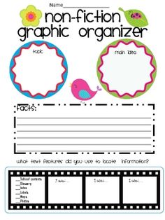 the non - fiction graphic organizer is shown in blue and pink, with two birds on it