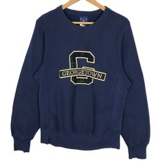 Vintage 90s Georgetown University Hoyas Crewneck Sweatshirt Pullover Big Logo Embroidery NCAA Collegiate Made In USA Streetwear Size S by stuffofnatureandarts on Etsy Blue Crew Neck Sweatshirt With Embroidered Logo, Navy Top With Embroidered Logo For College, Crew Neck Streetwear Sweater With Embroidered Logo, Crew Neck Sweater With Embroidered Logo For Streetwear, Streetwear Sweater With Embroidered Logo, Navy Long Sleeve Sweatshirt With Embroidered Logo, Navy Long Sleeve Sweater With Embroidered Logo, Navy Crew Neck Sweater With Embroidered Logo, Navy Cotton Sweatshirt With Embroidered Logo