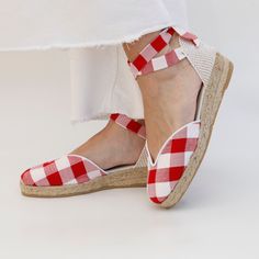 These eye-catching lace-up flat espadrilles will become your favorite this season. The traditional plaid pattern of these espadrille flats, in white and red, and the elegant V-shape of the upper that slims the foot, as well as the comfortable leather cushioned insole, will make you want to combine them with all your outfits. Their small 3 cm (1.18 in) wedge and semi-open shape make them ideal for work, walking, or all-day wear. Espadrille Flats, Low Wedges, Leather Cushion, Flat Espadrilles, Lace Up Flat, Flat Shoes, Plaid Pattern, Womens Flats, V Shape