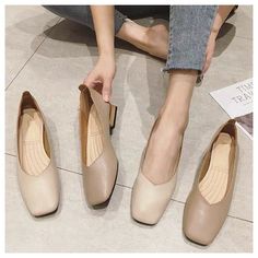 Wooden Low Heel Ballet Square Toe Shallow Slip On Loafer Flats Shoes | Uniqistic.com Spring Flats, Office Shoes, Casual Flat Shoes, Beige Shoes, Flats Shoes, Spring Shoes, Sandal Fashion, Shoes Women, Womens High Heels