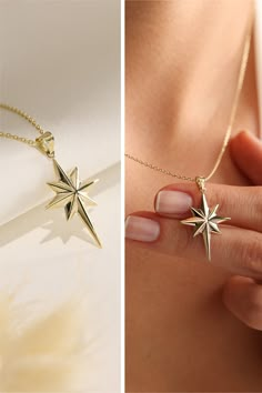 "Material: * 100% 14K(585) Real Gold (no gold-filled or no gold plated material) Gold Karat: 14k (585) Medium Star Width: 12 mm Medium Star Height: 15 mm Large Star Width: 16 mm Large Star Height: 20 mm Xlarge Star Width: 20 mm Xlarge Star Height: 25 mm 14k Solid Gold North Star Necklace, Polaris Pendant, Minimalist 3D Northern Star Charm Necklace, Star Celestial Guide Jewelry Neclace Gift for New Mother, BFF Gift, Mother Necklace This norther star necklace means, Luck, protection, direction, guidance and security. In the past sailors used the compass as symbol to protect them on their journey and ensure a safe return. The North Star has been used as a navigational guide since the beginning of time. Necklace Length: Available Between 14 - 24 Inches Necklace Length - 14 inches (choker) Neck Gold Star Necklace Aesthetic, North Star Necklace Gold, Celestial Star-shaped 14k Gold Jewelry, 14k Gold Starburst Jewelry Gift, 14k Gold Starburst Jewelry As Gift, 14k Gold Starburst Jewelry For Gift, 14k Gold Star Jewelry, 14k Gold Filled Star-shaped Yellow Gold Jewelry, 14k Gold Filled Star-shaped Jewelry In Yellow Gold