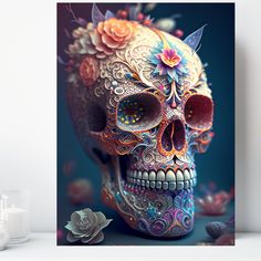 a painting of a skull with flowers on it