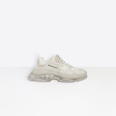 Triple S Clear Sole Trainers White for Women | Balenciaga Balenciaga Triple S Clear Sole, White Balenciaga, Ibiza Outfits, Lit Shoes, Sole Sneakers, Boho Accessories, Balenciaga Triple S, Designer Sneakers, Embossed Logo