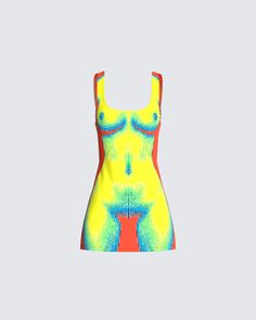 Give their imagination something to think about with this body print mini dress 😜Colorful and bold - You wont have to do much to stand out 🔥 Dress With Naked Body Print, Dress With Body Print, Thermal Body Outfit, Heat Map Dress, Thermal Body Dress, Green Graphic Print Dresses, Printed Bodycon Mini Dress, Red Printed Mini Dress, Red Mini Dress With Vibrant Print