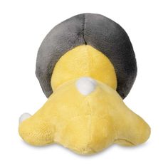 a yellow and gray stuffed animal laying next to each other