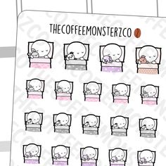 the coffeemonsterzco sticker sheet is filled with images of people sleeping