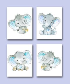 four watercolor paintings of elephants in blue and white