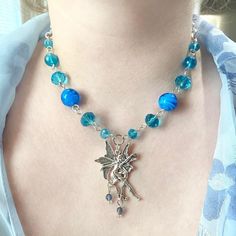 "️ Whimsical beaded fairy necklace~ with mixed blue beads and fairy pendant centerpiece~ Necklace measures at approx 15\" adjustable up to 17\" ️" Beaded Fairy, Necklace Inspiration, Fairy Pendant, Fairy Necklace, Blue Theme, Make Your Own Jewelry, Beaded Necklaces, Blue Beads, Necklace Etsy