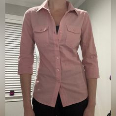 Pale Pink Button Up Shirt, Sleeves Can Be Rolled Up To Button For Shorter Length In Arms, Size Small, Bought And Never Worn, Has Some Stretch To It And Soft To Wear. Casual Fitted Blouse With Roll-up Sleeves, Fitted Button-up Blouse With Roll-up Sleeves, Fitted Blouse With Pockets And Spread Collar, Fitted Tops With Roll-up Sleeves For Spring, Fitted Top With Roll-up Sleeves For Spring, Fitted Casual Blouse With Roll-up Sleeves, Tight Button Up Shirt, Duolingo Aesthetic, Corporate Aesthetic