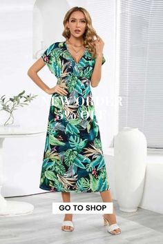 Summer Bohemian Elegant Party V Neck Print Maxi Dress V-neck Floral Print Boho Dress For Party, Tropical V-neck Party Dress, V-neck Tropical Print Party Dress, Bohemian Short Sleeve Midi Dress For Party, Green V-neck Boho Dress For Vacation, Green Midi Dress For Beach Season Party, Green Midi Dress For Party During Beach Season, Green Maxi Beach Dress For Party, Bohemian Short Sleeve Maxi Dress For Party