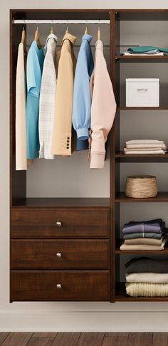 Easy Track elite tower kit makes any closet more organized. Need hidden storage for folded items? The durable three drawer dresser includes stylish fronts and knobs. Need hanging space for your medium-length clothing? The adjustable-height rod offers up to 24 In.. and the rich espresso finish complements a wide range of decor styles. Easy Track 2.1-ft to 2.1-ft W x 7-ft H Truffle Solid Shelving Wood Closet System in Brown | PH32-TR Wood Closet Systems, Wood Closet, Three Drawer Dresser, Closet Kits, Closet System, Drawer Dresser, Hidden Storage, Dresser Drawers, Bedroom Makeover