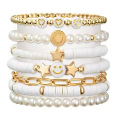 Product Description White Gold Preppy Bracelets The package comes with 7 pieces white gold Heishi bracelets in different style. The bracelets set is collected and designed by kinds of special elements - golden beads, white vinyl clay, smile, star, heart, artificial pearl, and so on. Each of them is unique and attractive. Size Detail The perimeter of stretch bracelets is about 6.3/6.7/7inch, and the perimeter of adjustable bracelet is approx. 7.8 inch, which are suitable for most people wrist size. Premium Materials 6 Pieces made of premium soft clay and acrylic material and the one of paper clip bracelet is alloy, non-fade, not easy to break, waterproof, durable, lightweight, which is comfortable for wearing. Best Gift Our bracelets are in tend of fashion, it is a good idea for you to choo Preppy Bracelets, Summer Beach Jewelry, Preppy Jewelry, Polymer Beads, Surfer Bracelets, Clay Bracelet, Bracelet Kits, Beads Bracelet Design, Bracelets Set