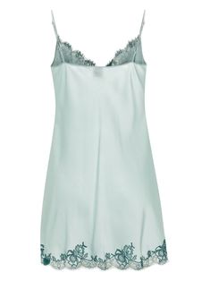 Find CARINE GILSON Lace-tri Silk Slip Dress on Editorialist. aqua blue silk crepe texture with satin finish lightweight semi-sheer construction Calais-Caudry lace trim scallop edges adjustable spaghetti straps sleeveless V-neck thigh-length scallop lace hem pull-on style We've partnered with Good On You — an independent agency that rates how brands perform in relation to their impact on the planet, people and animals, with a multi-criteria rating simplified to a five points scale. In order to be awarded our conscious label, larger brands need to score a minimum of four out of five ('Good'), while smaller brands must score at least three out of five ('It's A Start'). This item comes from a brand rated three out of five ('It's A Start') by Good on You at the time it was added on FARFETCH. Pl Blue Sheer Silk Dress, Sleeveless Silk Dress With Satin Trim, Sheer Satin Dress For Daywear, Summer Dress With Satin Lining, Elegant Green Slip Dress For Daywear, Silk Dress With Satin Trim And Spaghetti Straps, Blue Silk V-neck Dress, Elegant Light Blue Slip Dress With Spaghetti Straps, Chic Silk Dress With Satin Trim