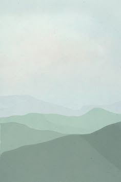 an abstract painting of mountains and hills in pastel green, blue and grey tones