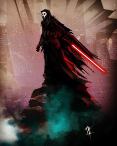 darth vader standing on top of a hill with his lights glowing in the dark