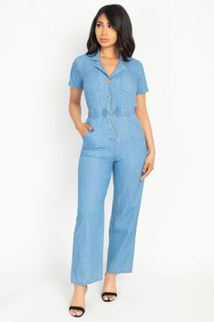 Nothing says comfort and style like this Denim Jumpsuit for women. Features 4 large front buttons, two chest pockets, two waist pockets and an elasticized waist. Perfect for dress down day at the office or just a regular day out for a stylish woman. Pair with your flat or kitten heel sandals to complete the look of comfort. Material: CottonSleeve Length: ShortNeckline: V NeckClosure: Front ButtonsElasticity: Low ElasticityPattern: None/SolidTrouser Shape: WideHemline: AnkleEmbellishments: Button Dress Down Day, Shopping Design, Dress Outfit, Light Wash Denim, Denim Jumpsuit, Dressed Down, Stylish Women, Jumpsuits For Women, Chic Style