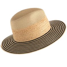 Ensure your face stays shaded this summer with Shiraleah's Armida Hat. Made from a natural paper straw base, this trendy beach hat features a chic black and white stripe design on the rim that can match any outfit. Pair with other items from Shiraleah to complete your look! Flat Brim Paper Straw Boater Hat For Beach, Flat Brim Paper Straw Boater Hat For Beach Season, Lightweight Paper Straw Hat With Flat Brim, Beige Short Brim Hat For Sunbathing, Lightweight Flat Brim Straw Hat For Sunbathing, Casual Natural Straw Hat For Sunbathing, Beige Paper Straw Boater Hat For Vacation, Paper Straw Fedora Hat For Vacation, Beige Short Brim Straw Hat For Sunbathing