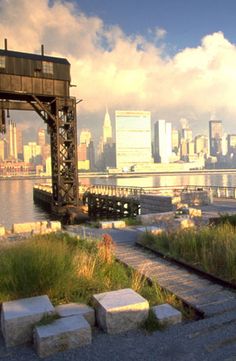 the city skyline is seen from across the water with an old train bridge in the foreground