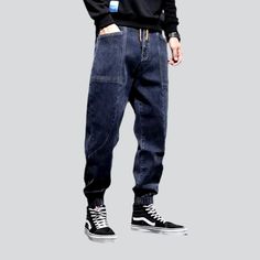 Take your fashion game to the next level with our 2023 Autumn Collection's street dark men's denim joggers! These monochrome, mid-waist joggers are perfect for making a statement, yet still keeping it comfortable and stylish. With their drawstring closure and stretchy fabric, they promise to keep you looking sharp even during the most intense streetwear looks.Why You'll Fall In Love Street Style: Make an impact with these joggers, designed to keep you looking your best no matter the season or oc Sweatpants Fit, Love Street, Jeans Street Style, Dark Men, Monochrome Pattern, Monochrome Design, Autumn Collection, Denim Joggers, Dark Blue Color