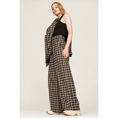 Brown plaid crepe (64% Polyester, 34% Rayon, 2% Spandex). Pants. Front zipper closure. 34" inseam. 13" rise. Imported. Chic Plaid Wide Leg Pants, Chic Plaid Straight Leg Pants, Chic High-waisted Plaid Pants, Plaid Long Pants For Work, Tailored Plaid Pants For Fall, Plaid Full Length Pants For Fall, Plaid Full-length Pants For Fall, Spring Plaid Wide Leg Pants, Plaid Wide-leg Pants For Spring