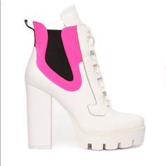 White & Pink Boots. Very Cute And Steady Spring Ankle-high Heeled Boots With Contrasting Heel, High Heel Boots With Contrasting Heel For Spring, Spring High Heeled Boots With Contrasting Heel Counter, White High Ankle Platform Boots, White Leather Lace-up Boots For Fall, White Pointed Toe Platform Boots For Fall, Spring Synthetic Lace-up Ankle Boots, White Heeled Boots With Round Toe For Spring, White Synthetic Heeled Boots For Party