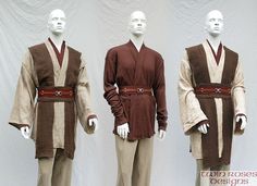 three male mannequins dressed in brown and tan outfits with belted belts