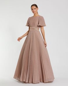 Pleated Shimmering Georgette Flutter Sleeve Gown Maxi Dresses Fall, Evening Dresses With Sleeves, Bride Groom Dress, Pleated Bodice, Jewel Neckline, Tea Length Dresses, Mac Duggal, Gowns Of Elegance, Gowns With Sleeves