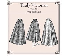 Truly Victorian TV299 - 1901 Split Skirt PRINT AT HOME sewing pattern on Letter or A4 paper.  Also includes AO format for professional printing.  Direct from trulyvictorian.com This pattern for a split skirt is taken from a tailoring guide of 1901. The Split Riding Skirt is ankle length, and the Bicycle Skirt is calf length. The center front has buttons to close the split. The center back has double box pleats to hide the split legs. There are two side front plackets with flaps for the closure. Victorian Split Skirt, Victorian Skirt Pattern, Split Riding Skirt, Bicycle Skirt, Truly Victorian, Riding Skirt, Victorian Skirt, Split Rock, Riding Bicycle