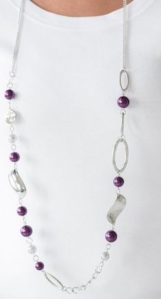 Lead And Nickel Free. Includes Matching Purple Bead Earrings. Oversized Purple Pearls, Ornate Silver Beads, And An Array Of Glistening Silver Accents Trickle Along A Lengthened Silver Chain For A Refined Look. Features An Adjustable Clasp Closure. Silver Beaded Necklaces For Party, Silver Necklaces With Round Beads For Party, Silver Necklace With Round Beads For Party, Silver Metal Beaded Necklaces For Party, Silver Necklaces With Polished Beads For Party, Silver Metal Beaded Chain, Silver Metal Beaded Necklace For Party, Sterling Silver Necklaces With Round Beads For Parties, Silver Polished Metal Beads