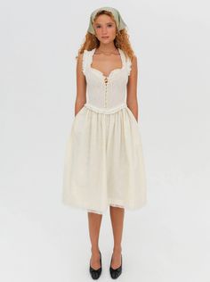 Morgan Midi Dress — Beige | For Love & Lemons Spring Mid-length Dress With Ruched Bodice, Chic Spring Knee-length Corset Dress, Chic Knee-length Corset Dress For Spring, Chic Knee-length Spring Corset Dress, Sleeveless Broderie Anglaise Summer Dresses, Spring A-line Midi Dress With Smocked Bodice, Summer A-line Smocked Dress With Smocked Bodice, Spring Corset Dress For Daywear, Midi Dress With Lace Trim And Fitted Bodice