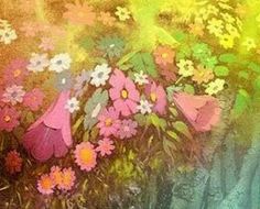 an artistic painting of flowers in the grass