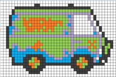 a cross stitch pattern with a green and orange truck on it's side, in the middle