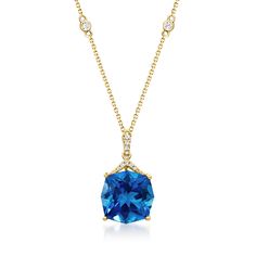 Ross-Simons - 10.00ct London Blue Topaz Pendant Necklace, .17ct t. w. Diamonds. 16". When it comes to gemstone statements, this gorgeous 10.00 carat octagonal London blue topaz pendant necklace makes a marvelous one. Remarkably rich in color, the sizable jewel is elevated further by the elegant addition of .17 ct. t. w. round brilliant-cut diamonds and an artful basket setting. Finely crafted in polished 14kt yellow gold and suspended from a cable chain with a 2" extender. Lobster clasp, diamond Fine Jewelry Blue Topaz Pendant, Yellow Gold Blue Topaz Round Pendant, Blue Topaz Pendant Necklace With Gemstone Accents, Luxury Blue Topaz Round Pendant Necklace, Yellow Gold Blue Topaz Pendant, Blue Topaz Pendant Necklace, Topaz Birthstone, Basket Setting, Blue Topaz Pendant