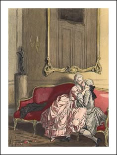 an illustration of two women sitting on a red couch in front of a large mirror