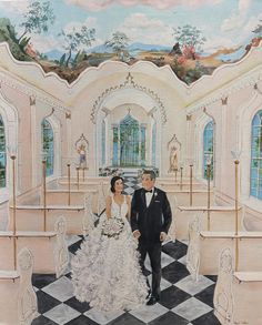 a painting of a man and woman in formal wear standing next to each other on a black and white checkered floor