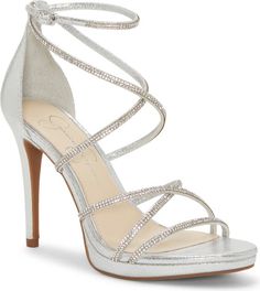 Jessica Simpson Jaeya Sandal (Women) | Nordstrom Silver Heels Prom, Prom Shoes Silver, Quinceanera Shoes, Shoes Heels Prom, Homecoming Shoes, Heels Prom, Rhinestone High Heels, Prom Accessories, High Heel Dress