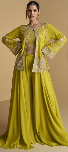 Green color Salwar Kameez in Georgette fabric with Bugle Beads, Fancy Work, Sequence, Thread work Pista Green Palazzo Set For Reception With Traditional Drape, Pista Green Palazzo Set For Reception, Floor-length Pista Green Palazzo Set For Wedding, Eid Reception Palazzo Set With Pallu, Yellow Embroidered Palazzo Set For Wedding, Yellow Long Sleeve Choli For Wedding, Yellow Long Sleeve Palazzo Set For Weddings, Pista Green Kurta With Traditional Drape For Reception, Unstitched Pista Green Palazzo Set For Reception