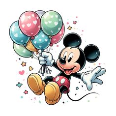 mickey mouse flying with balloons in his hand and holding on to it's tail