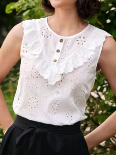 Vintage Casual Vacation Women's White Lace Trimmed Shirt, Spring/Summer White Shirt Going Out Tops Cottagecore Women Tops Crew Neck Vacation Outfits Woman Summer Tube Tops Women Vacation White Boho  Sleeveless Woven Fabric Plain Top Slight Stretch  Women Clothing, size features are:Bust: ,Length: ,Sleeve Length: Undershirt Women, Vintage Tops For Women, Lace Trims, White Boho Tops, White Summer Shirt, Cotton Blouse, White Lace Shirt, Stylish Kurtis Design, Trim Top