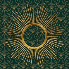 a gold sunburst on a green background with an intricate design in the middle