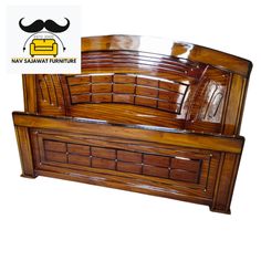 a wooden bed frame with a mustache on it's headboard and foot board