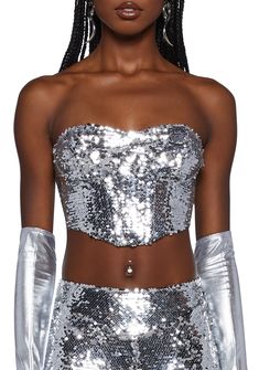 cuz groove to that shattered glass! This top has a stretchy sequin construction, structured boning, adjustable and detachable shoulder straps included, a cropped fit, and a back zipper closure. Sequin Bustier, Rave Shoes, Silver Sequin Top, Bling Dress, Mirror Ball, Shattered Glass, Concert Fits, Rave Festival, Themed Outfits