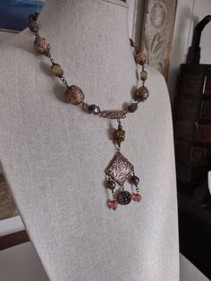 1930s Necklace, Brass Filigree, Glass Wedding, Assemblage Necklace, Brass Hook, Brass Pendant, Pink Glass, Asian Style, Czech Glass Beads