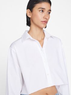 THE CROPPED OVERSIZED SHIRT BLANC – FRAME Relaxed Fit Long Sleeve Dress Shirt For Everyday, Everyday Relaxed Fit Long Sleeve Dress Shirt, Everyday Dress Shirt With Relaxed Fit And Long Sleeves, Oversized Classic Cotton Blouse, Classic Oversized Cotton Blouse, Relaxed Fit Poplin Top For Work, Fall Relax Fit Button-up Dress Shirt, Cotton Relaxed Fit Dress Shirt For Fall, Fall Cotton Dress Shirt Relaxed Fit