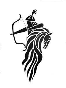 a black and white drawing of a person on a horse with a bow and arrow